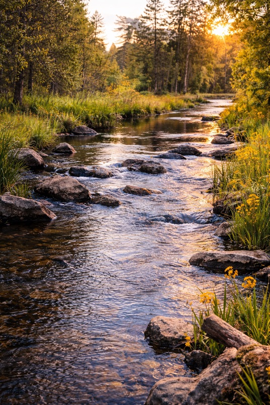 California stream with mountains and riparian corridor