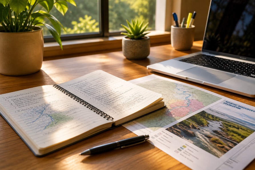 Laptop, field notebook and printed delineation report on a desk