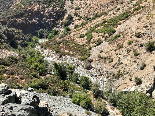 Stream winding through green California hills